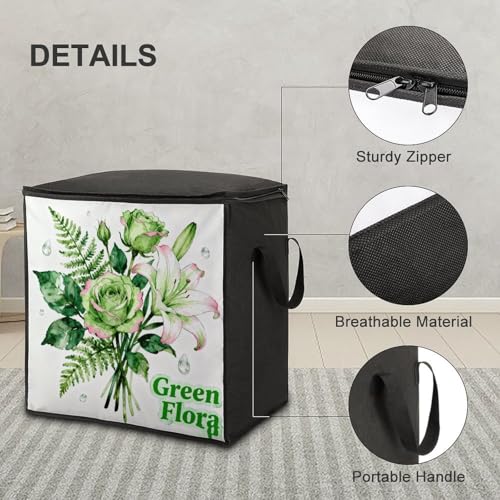 Green Flora Storage Bag Portable Closet Organizer Storage Bags Quilt Storage Bags with Zippered Breathable Storage Bag with Carry Handles for Blanket Pillow Bedding