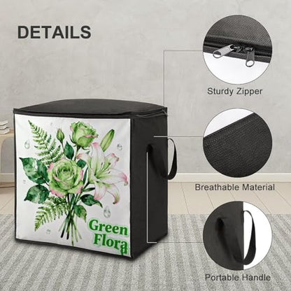Green Flora Storage Bag Portable Closet Organizer Storage Bags Quilt Storage Bags with Zippered Breathable Storage Bag with Carry Handles for Blanket Pillow Bedding