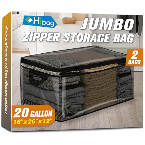 HIBAG 20 Gallon Large Storage Bag for Clothes, Zipper Clothing Storage Bag Organizer with Handles, for Comforters Blankets Pillows Bedding (Black, 2 Pack) - size: 20 gal Black - 2 pack