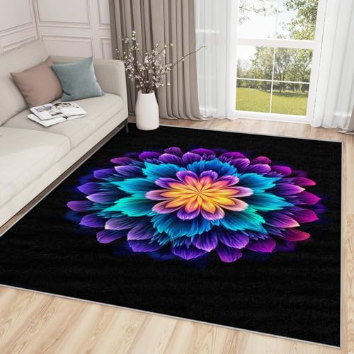 Meditation Rug for Sitting on Floor - 5x8 Rug - Mandala Rug - Chakra Meditation Yoga Area Rug - Spiritual Zen Rugs - Abstract Floral Carpet - Mandala Home Decor Gifts - color: Black Purple Blue, size: 5' x 8' (Rectangular)