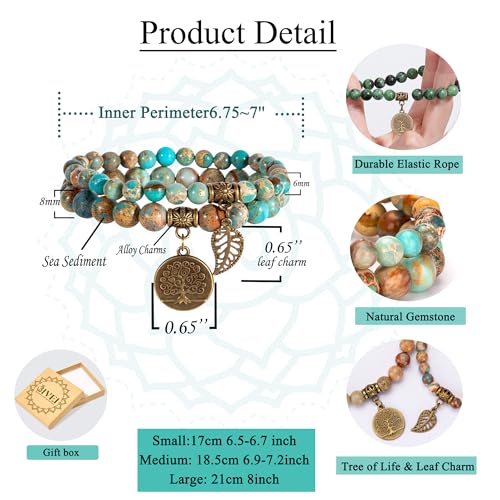Bivei Natural Semi Precious Gemstone beads bracelet for women - Life Tree and Leaf Charm Energy Reiki Crystal Stretch Bracelets - color: Sea Sediment Bracelet Set, size: Large:7.87-8.26inch