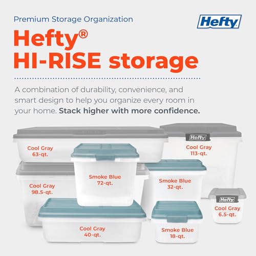 Hefty 40 Quart Hi-Rise Storage Bin with Lid, Stackable Plastic Container Tote for Home, Office, and Classroom Organization, 6 Pack, Smoke Blue - size: 40 Qt - 6 Pack