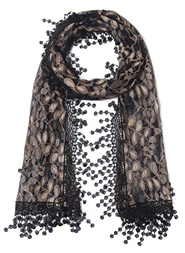 Cindy and Wendy Lightweight Soft Leaf Lace Fringes Scarf Bridal Veils shawl for Women - color: Black & Coffee