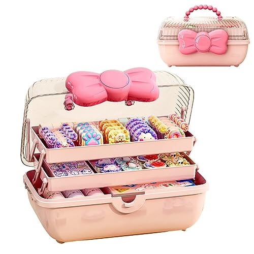 Cute Girls Hair Accessories Storage Box Bow Switch Organizer Box Jewelry Box, Plastic Hair Ties Holder Hair Clips Container Storage Box for Home, School, Office(Pink)