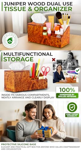 Wooden Tissue Box Holder with Storage Organizer for Desk, Bathroom & Nightstand – Handmade Wood Tissue Cover