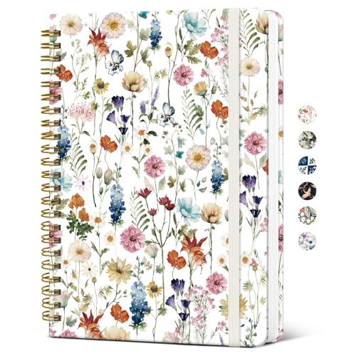 Taja Spiral Journal Notebook for Women, Pretty Hardcover Lined Notebook for Work & Note Taking, Aesthetic Cute Journal for Writing, 140 Pages, 5.8"x8.3", Floral - color: A-Floral