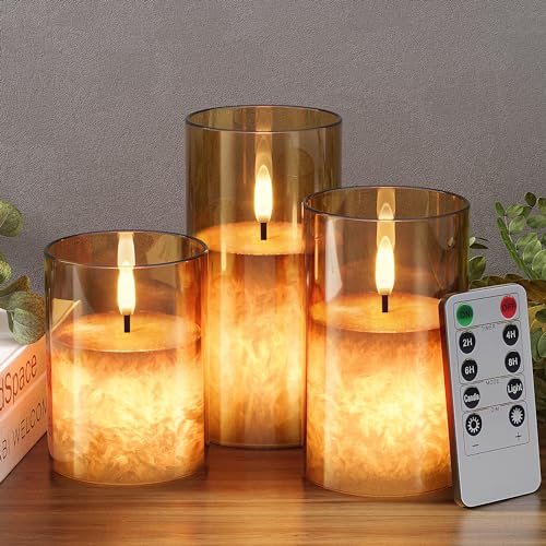 Ice Crystal Real Wax Glass Flameless Candles with Remote & Timer, Battery Operated Candles with Warm Flickering Flame, Realistic LED Candle for Wedding Home Decor [D3×H4/5"/6"] Gold, 3Pack - color: Gold