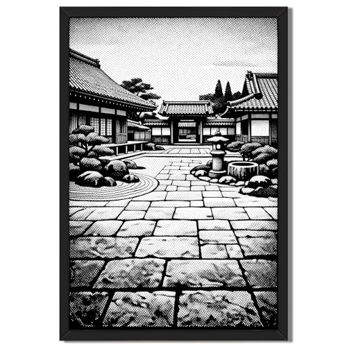 Framed Japanese Zen Garden Poster Canvas Print Art Vintage Minimalist Aesthetic Wall Art Painting Pictures Wall Decor for Living Room Bedroom Home Decoration (Black,12"x16"inch)