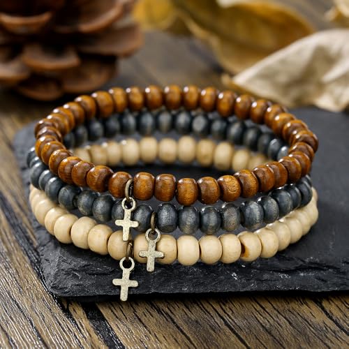 Puka Shell Bracelet for Men Wooden Bracelets Turquoise Stack Beaded Minimalist Trendy Jewelry for Friend Gift - style: 3pcs-Cross