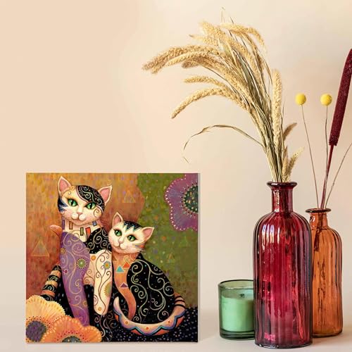 SiuSue Mystical Witchy Boho Floral Cat Canvas Wall Art Poster Prints Artwork Pictures Framed for Home Kids Room Bedroom Living Room Meditation Room, 12x12 Inch - color: Cat-3