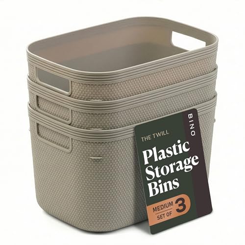 BINO | Plastic Storage Bins, 5.5 Liter - 3 Pack, Taupe | THE TWILL COLLECTION | Plastic Bins for Organization | Woven Storage Baskets for Organizing | Pantry Shelf Organizer Basket Container Bin - color: Taupe, size: 5.5L | 3-Pack