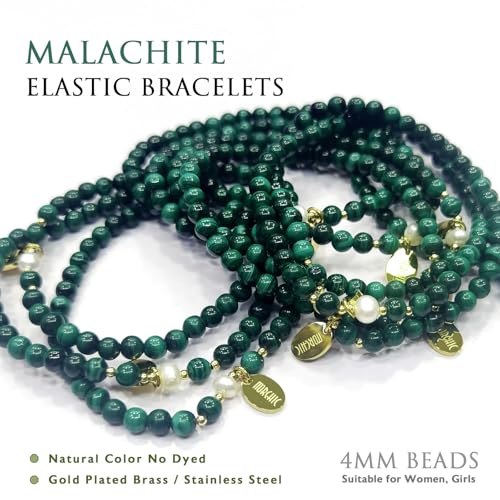 Morchic 4mm Natural Gemstone Beads Stretch Bracelet for Women, With Freshwater Pearls, Energy Gem Birthday Gift for Her 7.2” - color: Malachite
