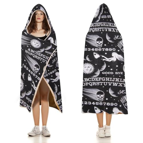 Skull Moon Sun Gothic Witch Board Seamless Black Large Size Comfortable Hooded Blanket, Warm Blanket 50"x60" - color: Skull Moon Sun Gothic Witch Board Seamless Bl, size: 50"x60"