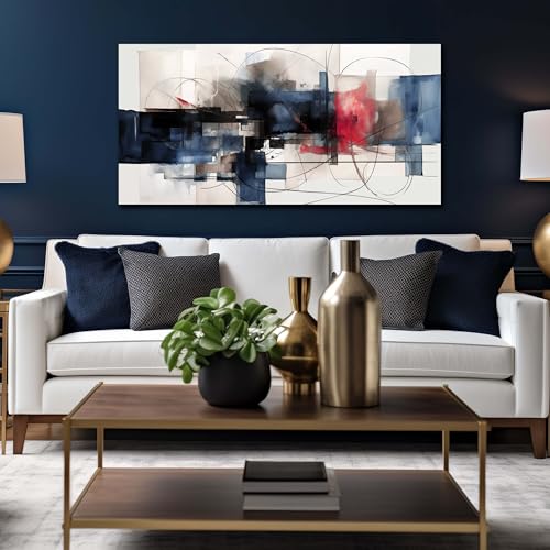 Fuwobriva Abstract Canvas Wall Art for Living Room Bedroom Office Large Wall Art Decor Abstract Wall Art Modern Black Red and Blue Geometry Painting Artwork 24"x48" - size: 24L" x 48W"