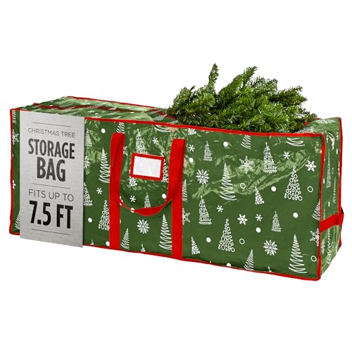Christmas Tree Storage Bag - Stores 7.5 Foot Artificial Xmas Holiday Tree, Durable Waterproof Material, Zippered Bag, Carry Handles - Protects Against Dust, Insects & Moisture (Green Printed) - color: Green Pattern, size: 7.5 ft.