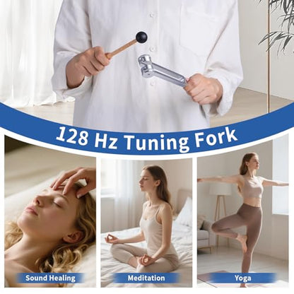 Energy Healing Tuning Forks Kit-128Hz, Sound Therapy Tools, Non-Magnetic Aluminum Alloy, for Hearing Tests, Special Tuning Hammer for Ear Cleaning，Meditation Tool with Travel Case (Silvery) - color: Silvery