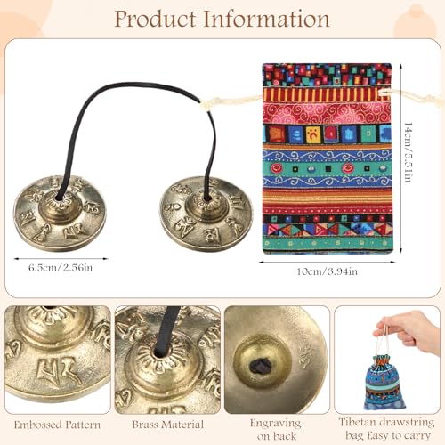 Foilswirl 2 Pcs Tibetan Tingsha Cymbals with 2 Pcs Tibetan Drawstring Cloth Bags Meditation Chime Bells 2.56 Inch Handcrafted Meditation Accessory(Om Mane Padme Hum Symbols Embossed,Blue,Green) - color: Blue,Green, style: Om Mane Padme Hum Symbols Embosse