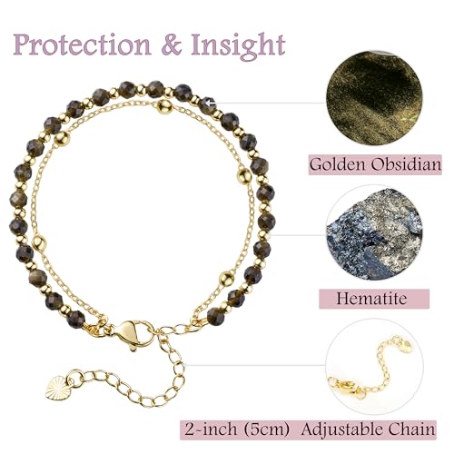 Farfume Crystal Bracelet Beaded Bracelets 4mm Natural Stone Beads Gemstone Handmade Jewelry Gift for Women - color: Golden Obsidian-Protection & Insight