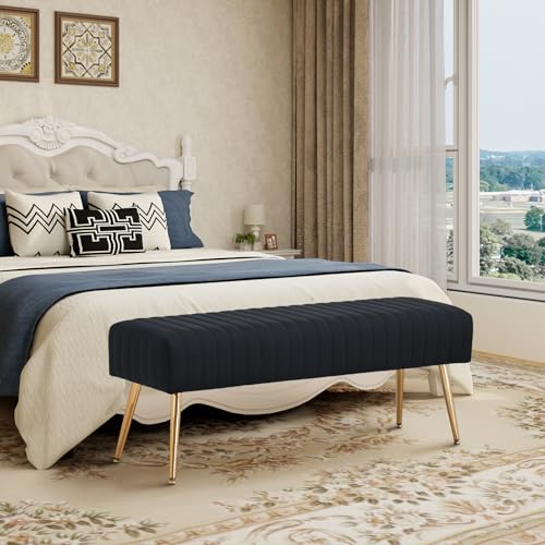 Furnimart 44 Inch Bedroom Ottoman Bench, Black Upholstered End of Bed Bench with Gold Legs for Living Room Bedroom Dinning Room Entryway, Black - color: Black