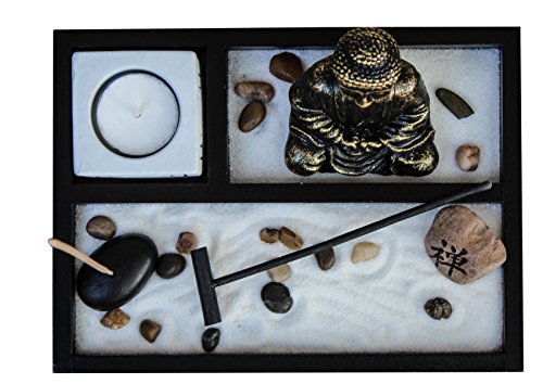 Zen Garden Deluxe Desk Meditation Garden Buddha Statue with Tea Light Holder, Incense Holder, Incense, Rocks, Sand, and Rake (Candle Not Included)