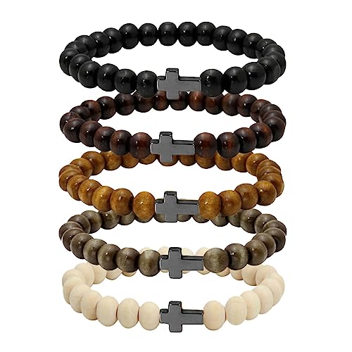 MILAKOO 5 Pcs Wooden Beaded Bracelet Bangle for Men and Women Elastic - style: Black Cross