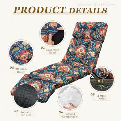 Outdoor Chaise Lounge Chair Cushion 75.1 x 23.6 x 4.7in, Waterproof Replacement Cotton Patio Thickened Pool Lounge Chair Cushion with Ties for Patio Outdoor Furniture,Bohemian - color: Bohemian