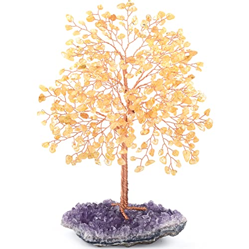 Gemstone Crystal Tree of Life,Natural Citrine(406 Stones Count) with Amethyst Cluster Base,Chakra Healing Crystals Positive Energy Fengshui Bonsai Money Tree Gift 8.5"-9"