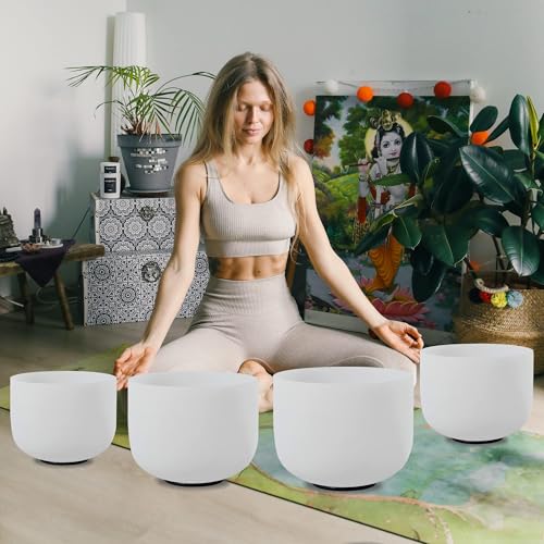 FMTY Crystal Singing Bowl Set - Perfect Pitch 6B+8G+10E+12C, White, Meditation, Yoga, Spiritual Healing