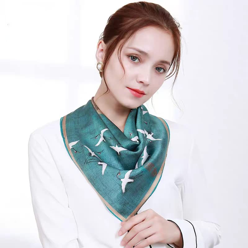 ANDANTINO 100% Mulberry Silk Scarf -21” Lightweight Square Neckerchief – Breathable Digital Printed Scarves with Gift Packed - color: Crane