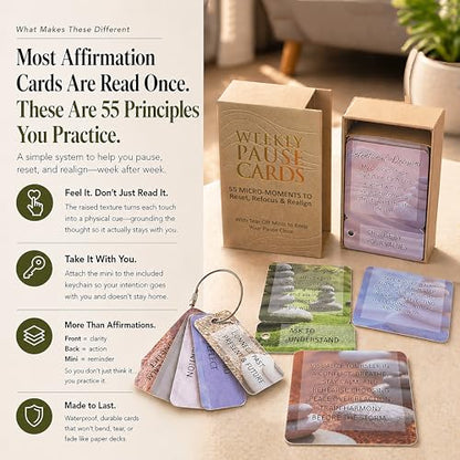 Weekly Pause™ Sensory Affirmation Cards for Women & Men – 55 Mindfulness Principles, Waterproof Raised Texture Deck with Tear-Off Mini Reminders & Keychain, Motivational Gift Box Set