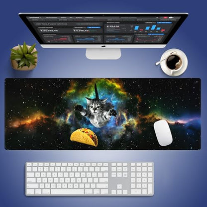 XXL Gaming Mouse Pad with Stitched Edges for PC Home & Office - Curious Cat Flying Through Galaxy Space Reaching for a Taco Cute Kitten Funny Design, Smooth Fabric Surface Large Desk Mat - color: Curious Cat