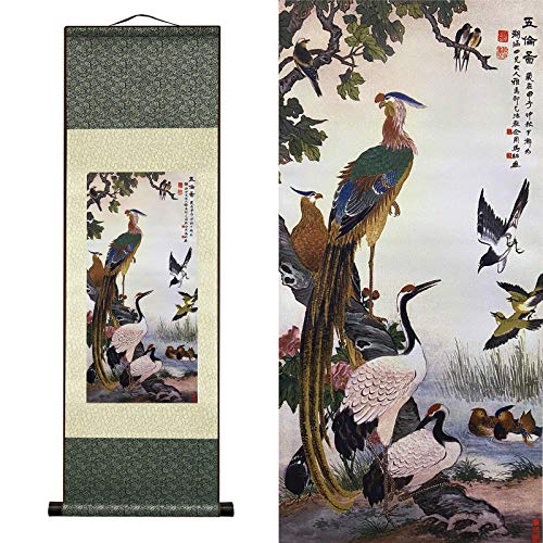 AtfArt Asian Wall Decor Beautiful Silk Scroll Painting Birds - Wulun Diagram Oriental Decor Chinese Art Wall Scroll Wall Hanging Painting Scroll (36.2 x 12 in) - color: D04