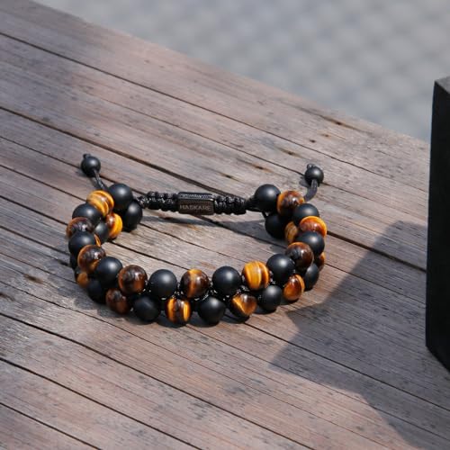 Premium Tiger Eye Bracelet Gift for Men, HASKARE Energy Protection Crystal Real Tigers Eye Black Onyx Beads Bracelets, Handmade Crystal Bracelet Men Bracelets Father Christmas Gift for Him Stress Relief