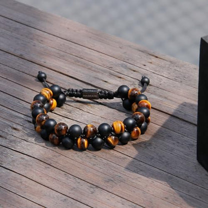 Premium Tiger Eye Bracelet Gift for Men, HASKARE Energy Protection Crystal Real Tigers Eye Black Onyx Beads Bracelets, Handmade Crystal Bracelet Men Bracelets Father Christmas Gift for Him Stress Relief