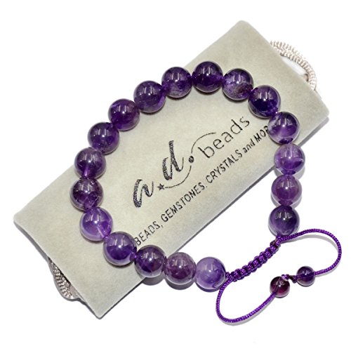 AD Beads Natural 10mm Gemstone Bracelets Healing Power Crystal Macrame Adjustable 7-9 Inch - color: Amethyst