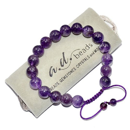 AD Beads Natural 10mm Gemstone Bracelets Healing Power Crystal Macrame Adjustable 7-9 Inch - color: Amethyst