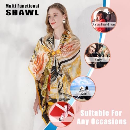 100% Mulberry Extra Large Silk Pashmina Scarf Shawls And Wraps For Women Evening Dress Summer Travel Floral Blanket - color: 91 Yellow