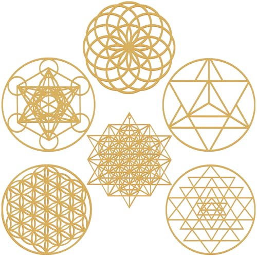 Taiyin 6 Pcs 12 Inch Wooden Sacred Geometry Wall Art Set, Zen Geometric Wall Decor for Home Meditation Room, Inspired Hanging Art with Metatron Cube, Flower of Life, Sri Yantra(Golden) - color: Golden