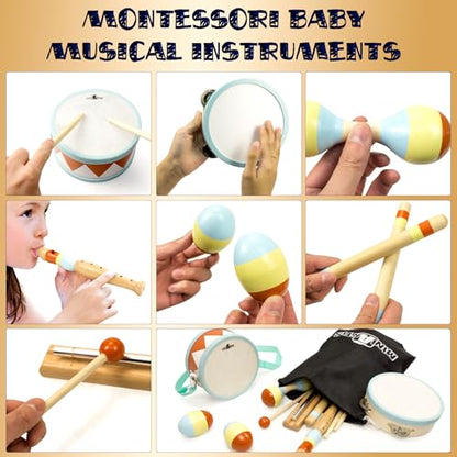 Toddler Musical Instruments - Montessori Wooden Musical Toys for Toddlers 1-3 | Modern Boho Baby Drum Set with Neutral Colors Percussion Instruments | Kids Preschool Educational - style: Drum