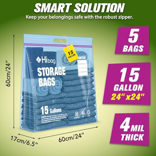 15 Gallon Large Storage Bags, 24” x 24” Zipper Bags with Handle, Extra Large XL Zip Top Bags for Clothes Travel Moving, Blue, Pack of 5 - size: 15gallon-5p