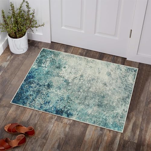 Lahome Modern Abstract Area Rug - Small 2x3 Washable Entryway Rugs Non-Slip Low Pile, Accent Throw Carpet for Kitchen Bath Mats Laundry Front Indoor Doormat,Blue/Grey - color: Blue/Grey, size: 2' x 3'