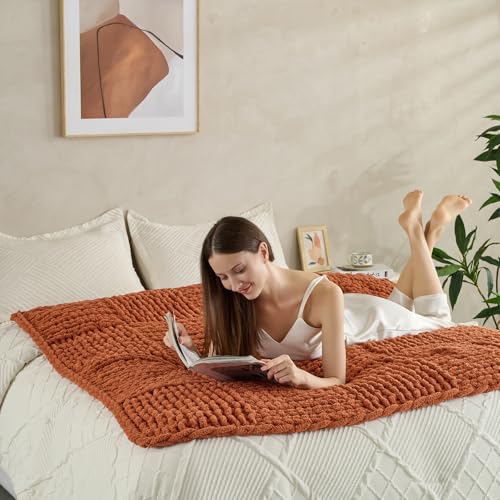 Soft Knitted Throw Blanket - 50x60 Inch Cozy & Lightweight All-Season Blanket, Wrinkle-Resistant Polyester for Couch, Bed, Sofa, Reading Nook (Orange) - color: Orange