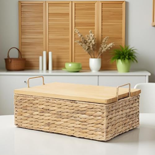 Handmade Water Hyacinth Woven Storage Basket with Lid, Multi - Functional Wicker Organizing Baskets (Small) - size: Small (Single)