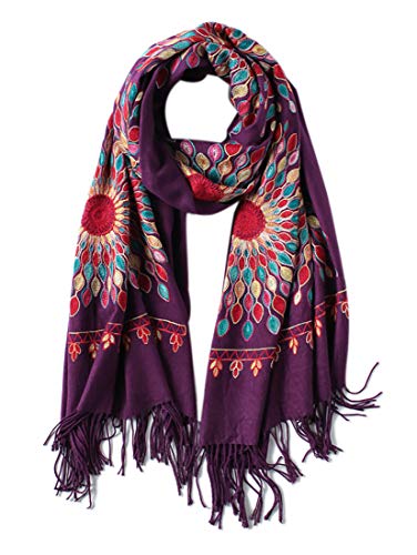 Urban CoCo Women's Embroidered Oversize Tassel Shawl Scarf Wraps for Women - color: Purple