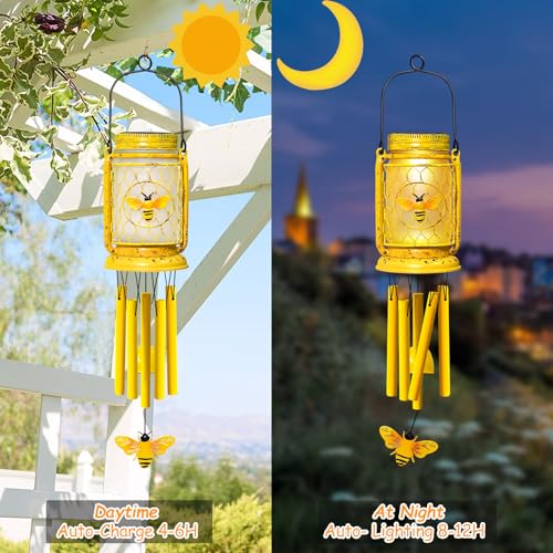 1 Pack Solar Bee Wind Chimes for Outside, Mother' s Day Gifts for Mom Women Grandma, Solar Mason Jar Wind Chime Light Unique Hanging Wind Chimes Outdoor, IP65 Waterproof for Yard Garden Terrace - size: 1 pack-bee jar wind chime
