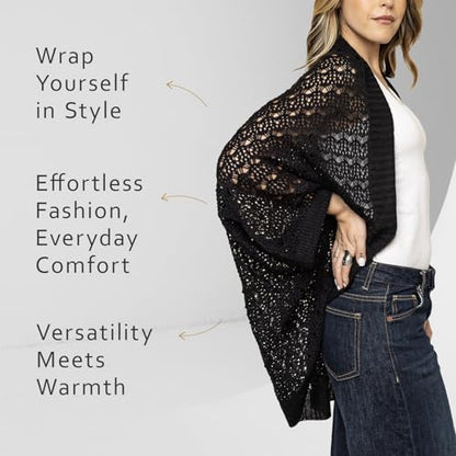 Open Weave Cocoon Shawl for Women, Cardigan Sweater, Lightweight Pashmina Shawl Wrap, Poncho Scarves for Women - color: Black