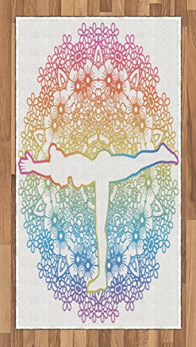 Ambesonne Yoga Area Rug, Woman Doing Warrior 3 Pose Virabhadrasana on Mandala Inspired Floral Backdrop Balance, Flat Woven Accent Rug for Living Room Bedroom Dining Room, 2' 6" x 5', Multicolor