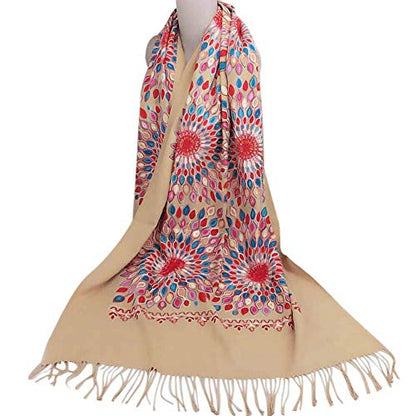 Urban CoCo Women's Embroidered Oversize Tassel Shawl Scarf Wraps for Women - color: Camel