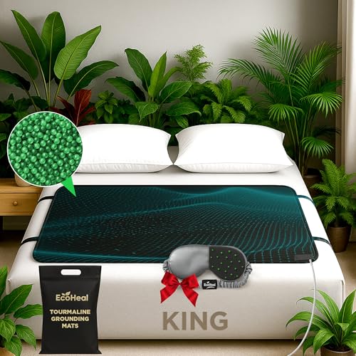 Luxury Tourmaline Grounding Mat King 75” x 27” for Bed & Desk – Conductive PU Leather Surface, Quality Certified, Includes Silver Sleep Mask & 15ft Cord - size: King - 75”x27”