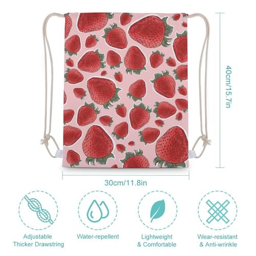 Strawberry Fruit Pink Portable Canvas Drawstring Backpack with Drawstring Pockets 30x40cm - color: Strawberry Fruit Pink, size: 30x40cm